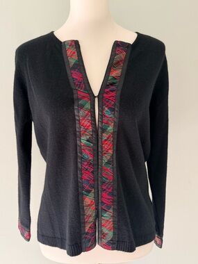 Johnstons Silk Cashmere Cardigan Sweater Black Plaid Trim Size M